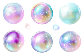 Iridescent Spheres Collection: A mesmerizing collection of 6 iridescent spheres with pearlescent finishes, each with unique color variations and subtle shimmering effects, providing a vibrant.
