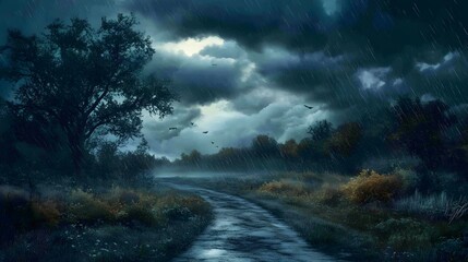 Fototapeta premium Rainy Night Road Through Dark Forest Under Stormy Sky