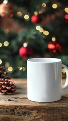 White Mug on Rustic Wooden Table with Christmas Background Bokeh