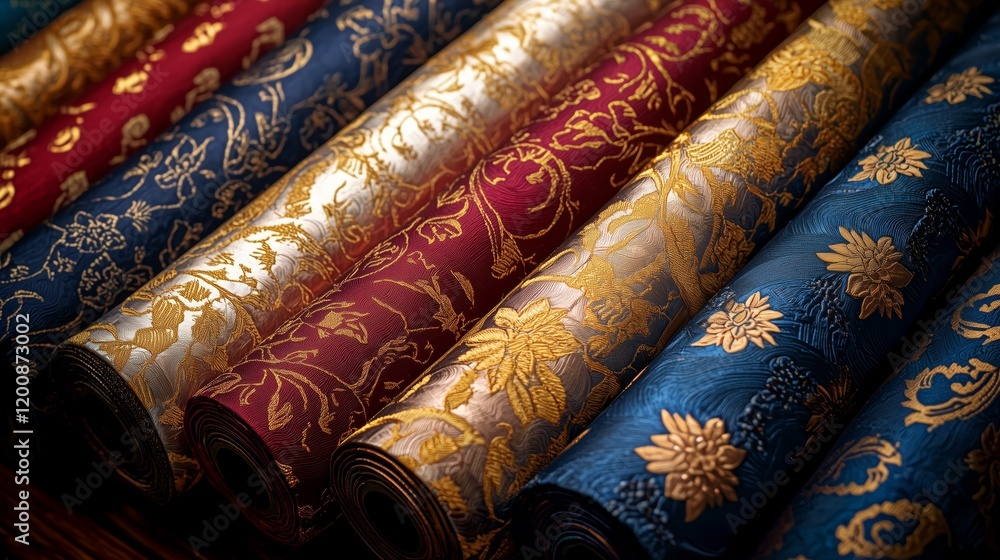 Poster luxurious fabric rolls with intricate floral pattern in multiple colors