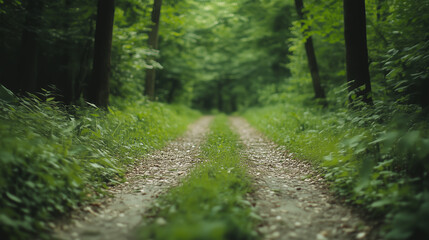 Fototapeta premium serene forest path surrounded by lush green trees and foliage, creating peaceful and natural atmosphere. dirt trail leads into dense woods, inviting exploration and tranquility