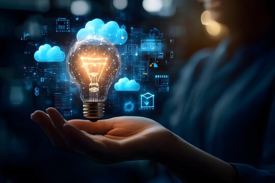 Innovative Lightbulb Idea in Hand with Digital Cloud Computing and Technology Icons