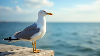 Obraz premium Seagull Perched Pier Sea Coastline Bright Sunny Day Seabird Peaceful Calm View