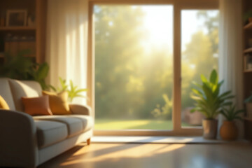 Fototapeta premium Blur living room at home with morning sunlight at big window for background usage. blur interior background concept.