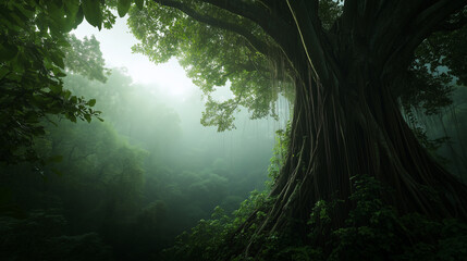 majestic tree stands tall in lush, misty forest, surrounded by dense greenery and bathed in soft, ethereal light, creating serene and mystical atmosphere