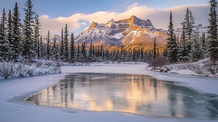 Winter sunrise over Canadian Rockies reflecting in frozen lake