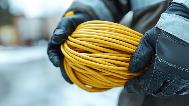 Worker holding coiled yellow cable outdoors in cold weather