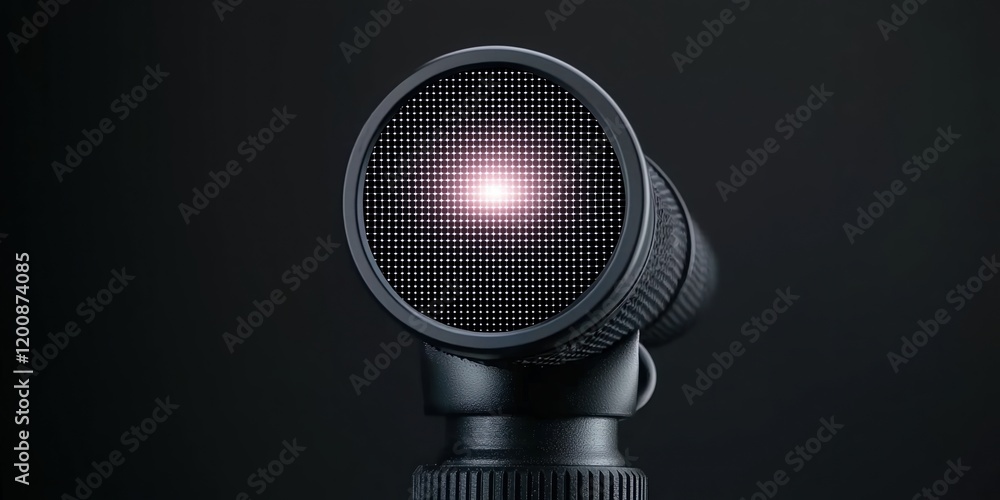 Poster military test combat concept. camera lens with grid pattern glowing softly in dark background.