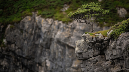 lone tree stands resiliently on edge of rocky cliff, surrounded by lush greenery. scene captures strength and beauty of nature perseverance in rugged landscape
