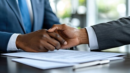 Close-up of caucasian and african male business handshake and document on table