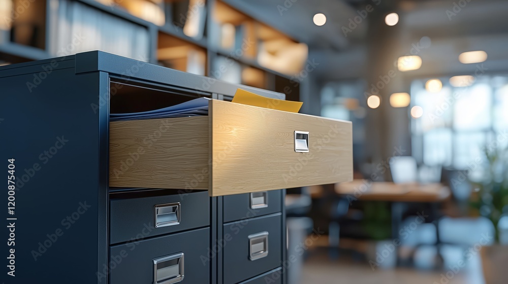 Poster modern office cabinet with open drawer and documents inside
