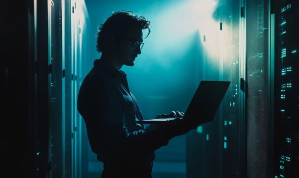 Caucasian IT professional admin using laptop computer doing data transfer operation with rack server cabinets in digital room of data center. Cyber security., Generative AI