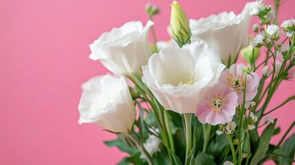 Elegant Lisianthus and Spring Flowers on a Pink Background