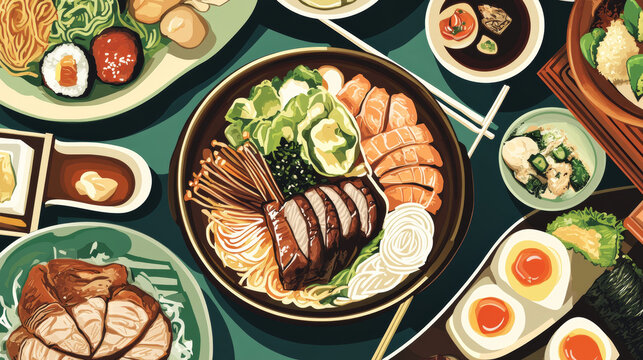 Japanese cuisine vector nicy jaga potatoes with meat, buckwheat soba noodles and salmon. Baked scad, green beans with scallops and eel salad udzaku with braised beef skiaki, Japan food posters set
