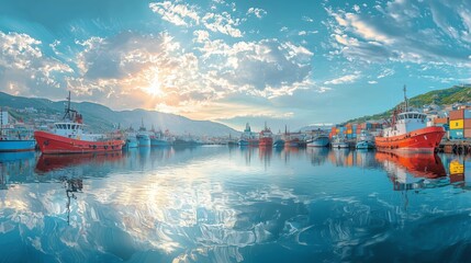 Fototapeta premium Tranquil Harbor Scene with Colorful Boats and Vibrant Sky Reflections