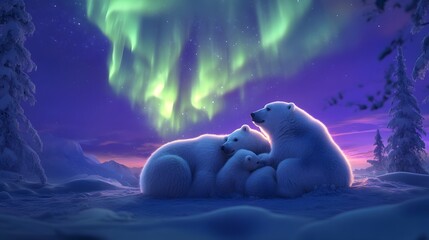 Obraz premium Polar Bear Family Huddled Under Aurora Borealis