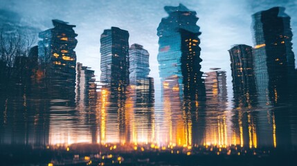 Obraz premium Urban Skyline Reflection in Water at Dusk with Soft Lighting Effects