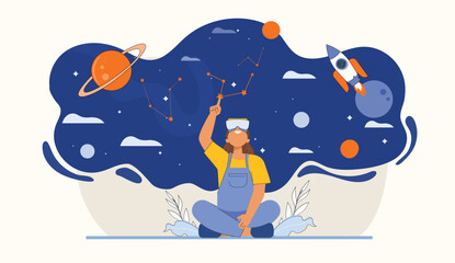 Metaverse Virtual Reality Exploration with Space Theme Illustration Shows a VR environment with space exploration themes, like planets, stars, and galaxies.