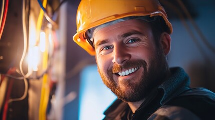 smiling construction electrician looks into the camera, bright construction site background, concept: Skilled workers, shortage of skilled workers, recruiting, 16:9