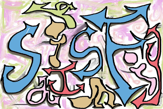 Text 'satisfying' transformed into arrow character images that serve as the basis for freehand graffiti art and street art.