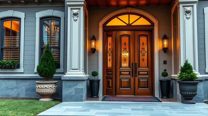 Fototapeta premium Grand Home Entrance: Luxurious Architecture and Elegant Design. Discover the captivating exterior of this stunning residence, showcasing exquisite details and a welcoming facade.