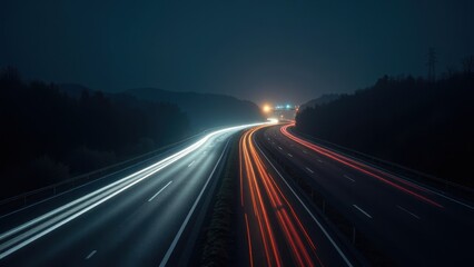 Bathed in moonlight, a serene highway stretches ahead. The left lane gleams with crisp white lines against the night, while the right glows warmly in shades of red and orange. A captivating nocturnal 