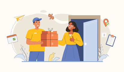 Parcel Delivery Illustration with Delivery Person and Customer Receiving Package Illustrates the exchange of a package between a delivery person and a customer.