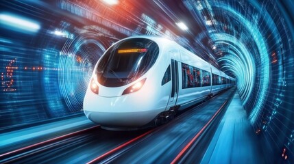 Fototapeta premium Futuristic High-Speed Train Traveling Through a Digital Tunnel