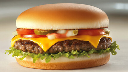 Seamless double cheeseburgers pattern background of fast food sandwiches with ground beef patty, fresh tomatoes, cucumbers and lettuce, slices of swiss and cheddar cheese