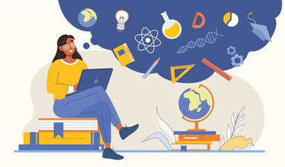 Student with Laptop Surrounded by Educational Icons Illustration Shows a student working on a laptop with surrounding icons representing different educational subjects and tools.