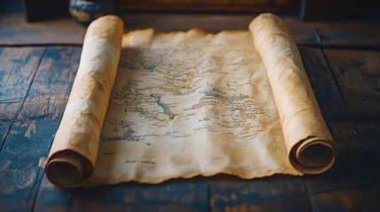 Cartoon pirate old scroll, paper map. Pirate map old parchment manuscript, filibuster antique papyrus, corsair treasure map or medieval paper isolated vector document. Ancient law, torah rolled scroll