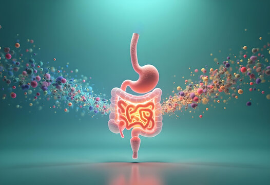 A sleek 3D model of fecal microbiota transplantation (FMT) showing glowing microbiota flowing between a donor and recipient via a futuristic capsule, set on a gradient background.