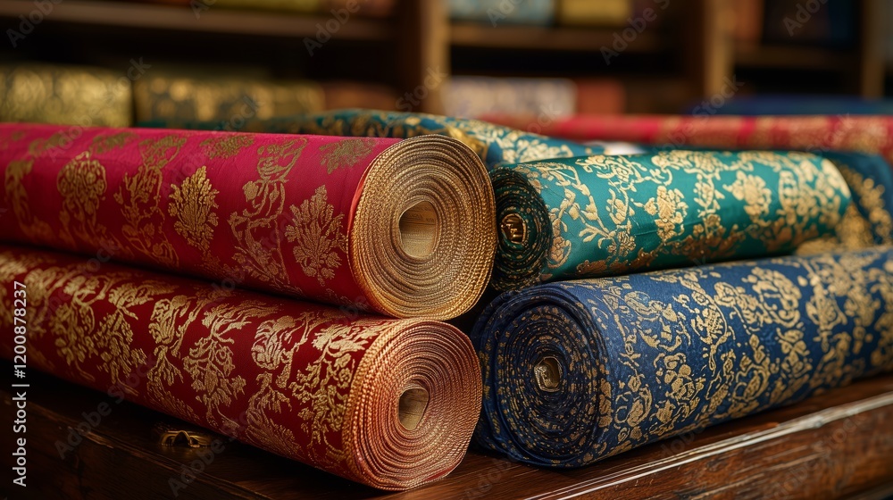 Poster elegant fabric rolls with intricate patterns and rich textures