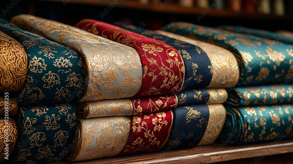 Poster luxurious textiles displayed in rows with intricate patterns and colors