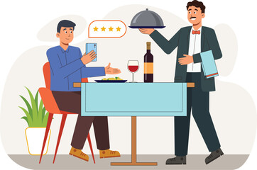Customer Review Illustration with Waiter and Customer at Restaurant Illustrates a customer leaving feedback after dining, with a waiter presenting the review card.