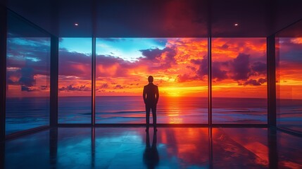 Silhouette of Man Gazing at Dazzling Sunset from Modern Interior