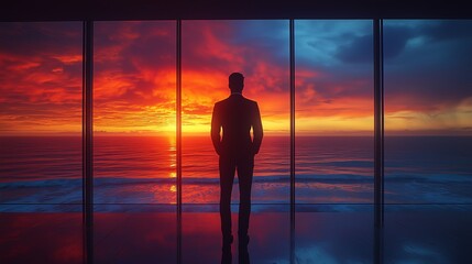 Silhouette of Businessman Observing Colorful Sunset from Office Window