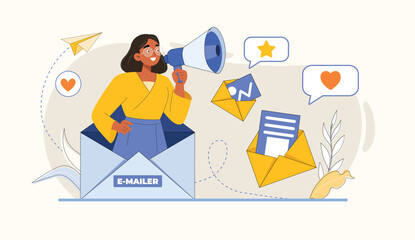 Email Marketing Illustration with Social Media Engagement Features a digital marketing campaign with email notifications and social media interaction symbols.