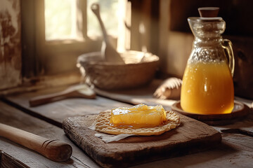 Rustic setting highlighting peanut butter and jelly toast on wooden table