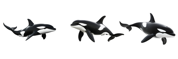 Fototapeta premium Three orcas swimming gracefully, showcasing their distinctive black and white coloration and streamlined bodies.
