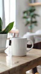 White Ceramic Mug on Wooden Table with Indoor Plant and Natural Light