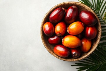 Obraz premium Fresh Red and Yellow Palm Fruits in a Bowl
