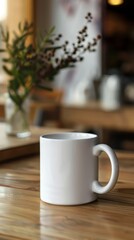 Minimalist White Cup on Wooden Table with Soft Background Elements