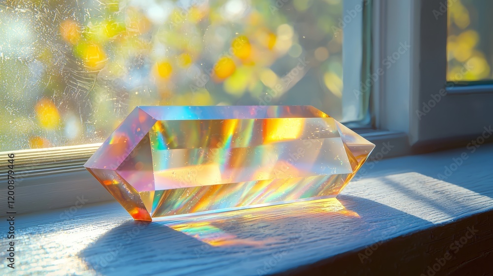 Poster prism reflecting colorful light in natural window setting