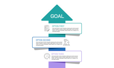 Upward pointing arrow infographic with 3 options to success. Presentation, Report, Data, Plan and Strategy.Vector illustration.