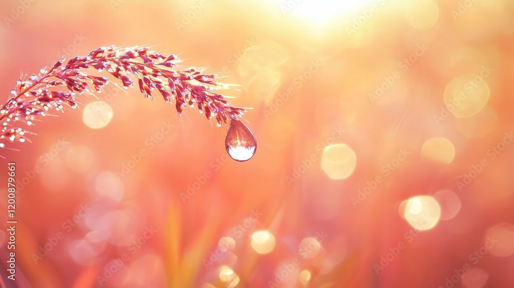 Poster sparkling water droplet on grass blade with soft bokeh background