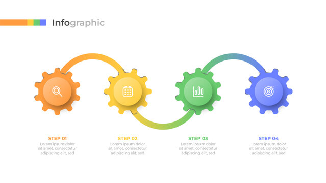 Infographic with 4 circles, gears, cogs connected by line. Vector illustration. Can be used for workflow diagram, info chart.