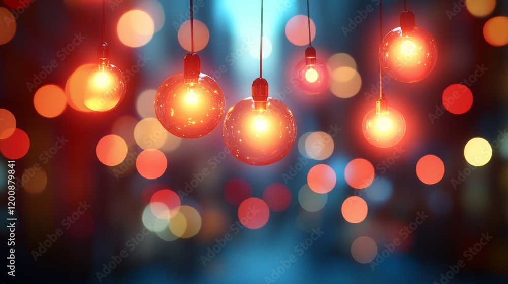 Poster a vibrant display of glowing red lights suspended in a blurred urban setting, creating a warm and in