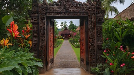 Intricate Carved Wooden Gateway Leads To Tropical Garden