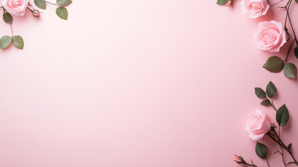 Beautiful pink roses and green leaves create lovely border on soft background